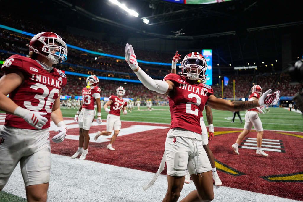 Indiana wide receiver Makai Jackson (2) celebrates a touchdown during the second half of the Peach Bowl NCAA college football playoff semifinal against Oregon, Friday, Jan. 9, 2026, in Atlanta. (AP Photo/Mike Stewart)