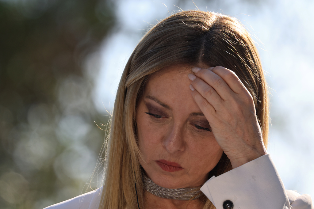 Italian Prime Minister Giorgia Meloni attends a joint press conference with French President Emmanuel Macron as part of a Franco-Italian summit in Antibes, southern France, Thursday, June 25, 2026. (Manon Cruz/Pool Photo via AP)