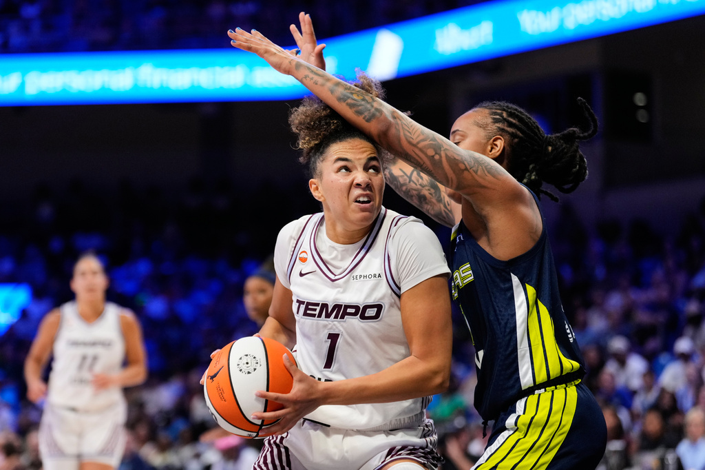 Toronto Tempo guard Kiki Rice (1) works to take a shot as Dallas Wings' Aziaha James, right, defends in the second half of a WNBA basketball game in Arlington, Texas, Wednesday, Aug. 12, 2026. (AP Photo/Tony Gutierrez)