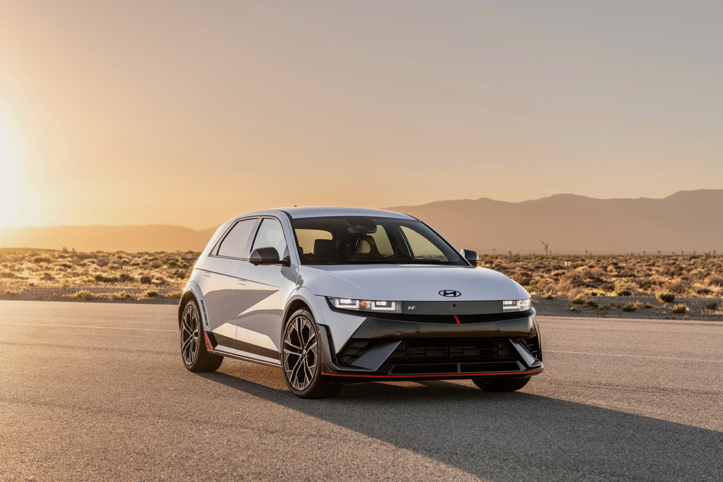 This photo provided by Hyundai shows the 2025 Ioniq 5 N. The N version of the Ioniq 5 makes up to 641 horsepower and comes with grippy tires and powerful brakes. (Courtesy of Hyundai Motor America via AP)