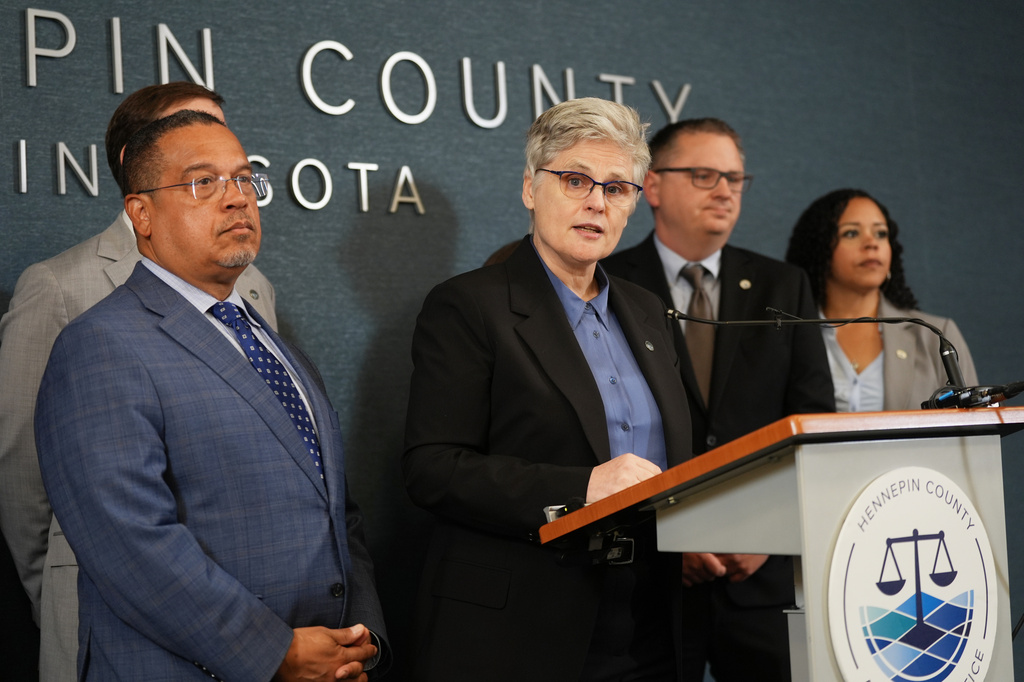 Hennepin County Attorney Mary Moriarty speaks during a news conference at the Hennepin County Government Center in Minneapolis, Minn., on Monday, May 18, 2026. Attorney General Keith Ellison stands at left. (Renée Jones Schneider/Minnesota Star Tribune via AP)