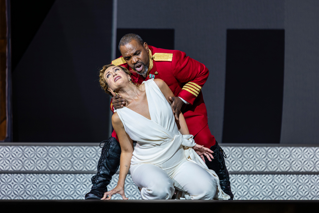 This image released by Opera Philadelphia shows Soprano Brenda Rae, foreground, and tenor Lawrence Brownlee during a dress rehearsal of the season-opening production of Mozart’s “Mitridate" at the Academy of Music for Opera Philadelphia on Monday, Sept. 7, 2026. (Dominic Mercier/Opera Philadelphia via AP)