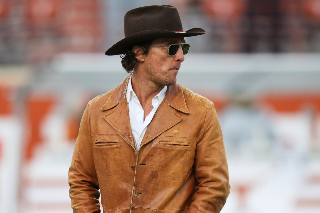 FILE - Actor Matthew McConaughey attends an NCAA college football game between Texas and Vanderbilt in Austin, Texas, Nov. 1, 2025. (AP Photo/Eric Gay, File)