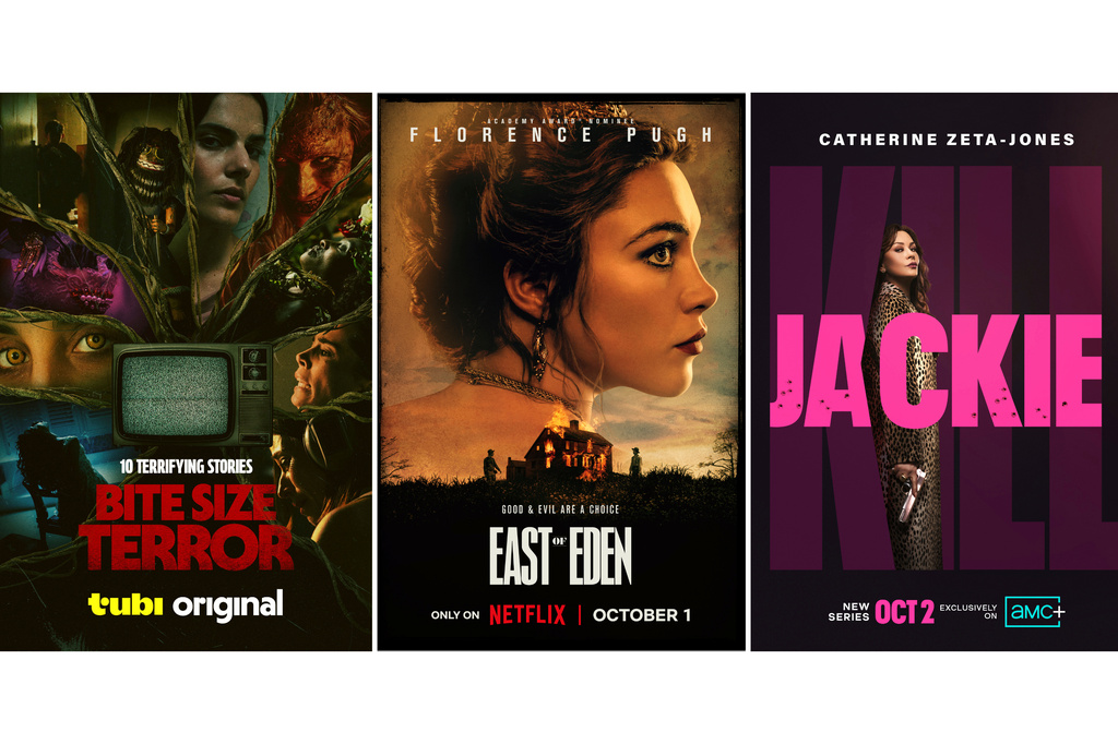 This combination of images shows promotional art for "Bite Size Terror," from left, "East of Eden," and "Jackie." (Tubi/Netflix/AMC+ via AP)