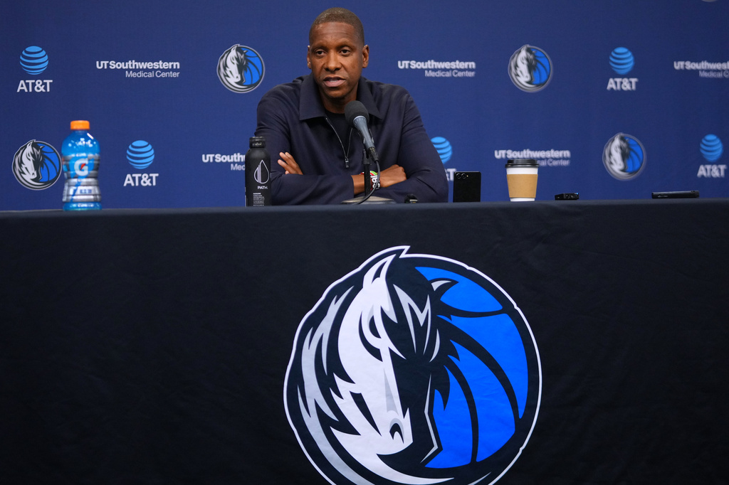 Mavericks President Masai Ujiri speaks to reporters during a news conference addressing the departure of the NBA basketball team's head coach Jason Kidd, Wednesday, May 20, 2026, in Dallas. (AP Photo/Julio Cortez)