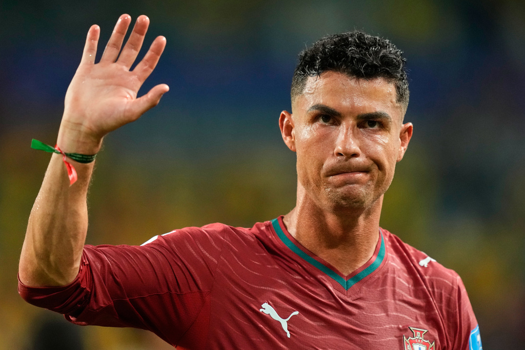 FILE - Portugal's Cristiano Ronaldo waves following the World Cup Group K soccer match between Colombia and Portugal in Miami Gardens, Fla., Saturday, June 27, 2026. (AP Photo/Rebecca Blackwell, file)