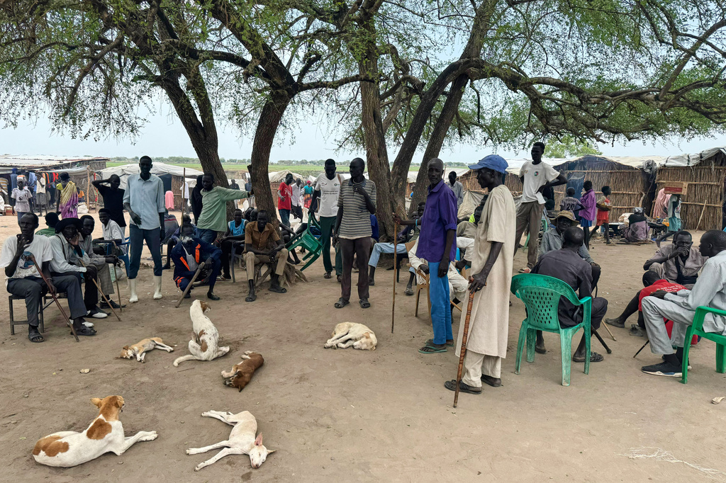 Community leaders gather under a tree near a market in Chuil, Nyirol County, Jonglei State, South Sudan, Friday, April 10, 2026. (AP Photo/Joseph Falzetta)