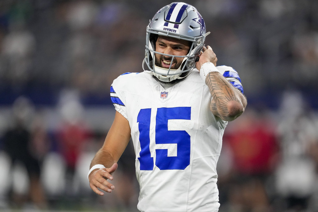 FILE - Dallas Cowboys quarterback Will Grier reacts after a play against the Atlanta Falcons during the second half of a preseason NFL football game Aug. 22, 2025, in Arlington, Texas. (AP Photo/Tony Gutierrez, File)