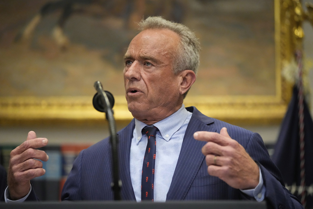Health and Human Services Secretary Robert F. Kennedy Jr., speaks in the Roosevelt Room of the White House, Monday, Sept. 22, 2025, in Washington, during an event with President Donald Trump. (AP Photo/Mark Schiefelbein)