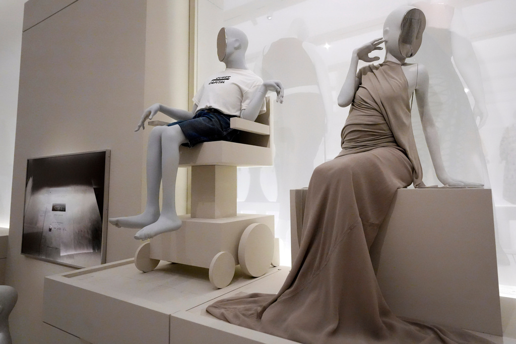 Designs by Willie Norris Workshop on an Aariana Rose Philip mannequin, left, and Rick Owens on a Goddess Bunny mannequin are displayed in the "Disabled Body" section of the Metropolitan Museum of Art's Costume Institute exhibition, "Costume Art," on Saturday, May 2, 2026, in New York. (Photo by Charles Sykes/Invision/AP)