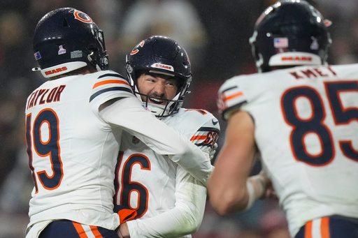 Chicago Bears kicker Jake Moody (16) celebrates the game-winning field goal with punter Tory Taylor (19) after an NFL football game against the Washington Commanders, Monday, Oct. 13, 2025, in Landover, Md. (AP Photo/Stephanie Scarbrough) Chicago Bears kicker Jake Moody (16) celebrates the game-winning field goal with punter Tory Taylor (19) after an NFL football game against the Washington Commanders, Monday, Oct. 13, 2025, in Landover, Md. (AP Photo/Stephanie Scarbrough)