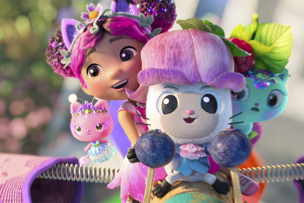 This image released by Universal Pictures shows characters, from left, Kitty Fairy, voiced by Tara Strong, Gabby, voiced by Laila Lockhart Kraner, Pandy Paws, voiced by Logan Bailey, and MerCat, voiced by Secunda Wood, in a scene from DreamWorks Animation's "Gabby's Dollhouse: The Movie." (Universal Pictures/DreamWorks Animation via AP)