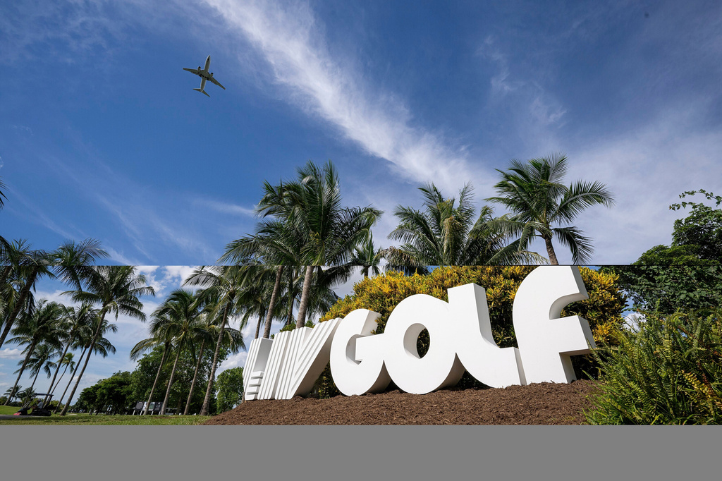 FILE - An overall view of the LIV Golf sign during the pro-am ahead of LIV Golf Team Championship at the Trump National Doral, Oct. 19, 2023 in Miami. (Photo by Charles Laberge/LIV Golf via AP, File)
