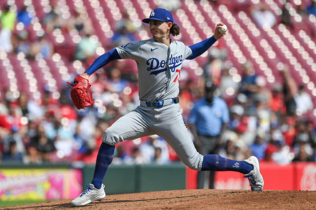 Los Angeles Dodgers' Justin Wrobleski pitches during the first inning of a baseball game against the Cincinnati Reds, Thursday, Sept. 17, 2026 in Cincinnati. (AP Photo/Tanner Pearson)
