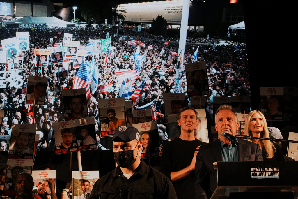 U.S. Special Envoy to the Middle East Steve Witkoff, right, speaks during a rally in support of hostages kidnapped by Hamas, at a plaza known as hostages square, in Tel Aviv, Israel, Saturday, Oct. 11, 2025, ahead of the expected release of the hostages held in the Gaza Strip. (AP Photo/Emilio Morenatti)