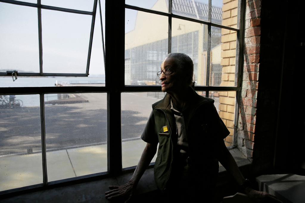 FILE - National Park Service Ranger Betty Reid Soskin at the visitors center of the Rosie the Riveter/World War II Home Front National Historical Park where she works in Richmond, Calif., July 26, 2016. (AP Photo/Eric Risberg, File)
