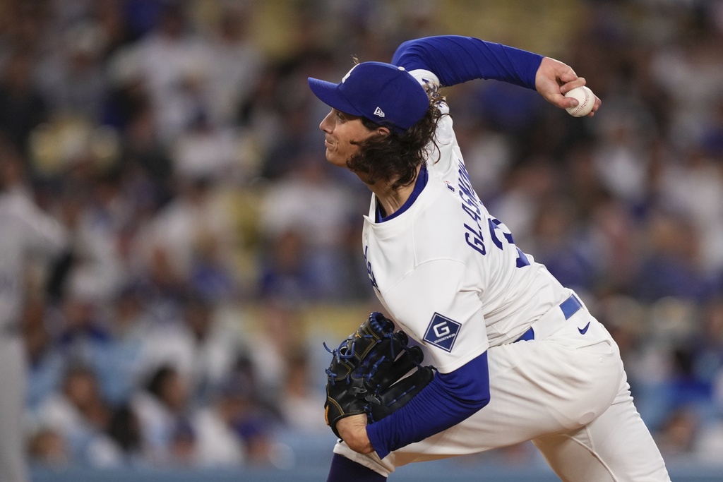 Los Angeles Dodgers starting pitcher Tyler Glasnow throws to the plate during the first inning of a baseball game against the Colorado Rockies, Monday, Sept. 8, 2025, in Los Angeles. (AP Photo/Mark J. Terrill)