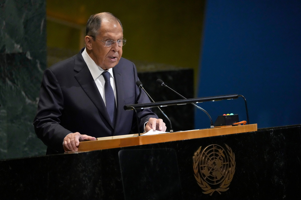 Russia's Minister for Foreign Affairs Sergey Lavrov addresses the 80th session of the United Nations General Assembly, Saturday, Sept. 27, 2025, at U.N. headquarters. (AP Photo/Pamela Smith)