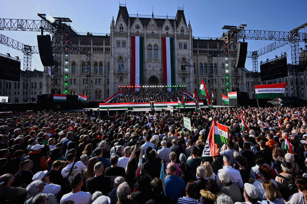 Hungary's Prime Minister Viktor Orban addresses his supporters during a march in Budapest, Hungary, Sunday, March 15, 2026. (AP Photo/Denes Erdos)