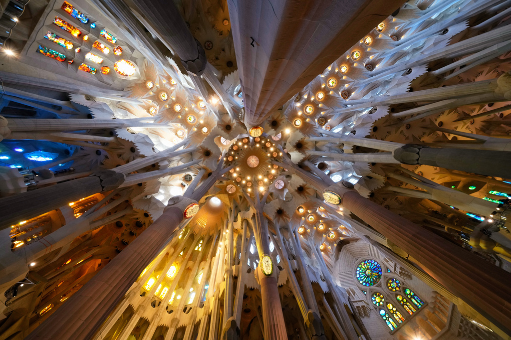 A view of the ceiling at the Basilica of the Sagrada Familia before Pope Leo XIV's arrival to celebrate Mass in Barcelona, Spain, Wednesday, June 10, 2026. (AP Photo/Bernat Armangue)