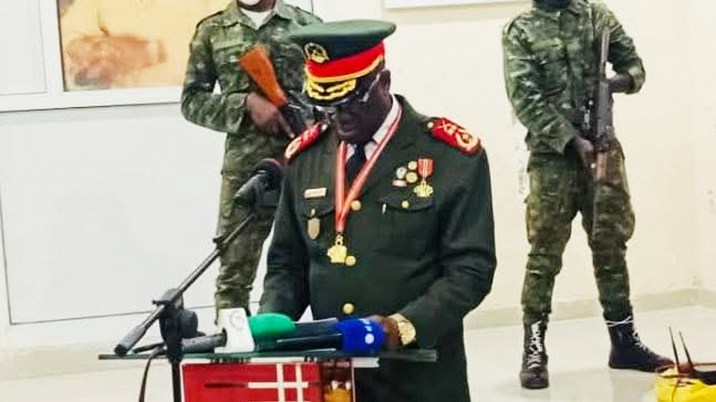In this photo taken from video provided by TGB Guinea-Bissau, Guinea-Bissau's new junta leader Gen. Horta Inta-A, takes an oath of office in Bissau, Guinea-Bissau, Thursday, Nov. 27, 2025. (TGB Guinea-Bissau via AP)