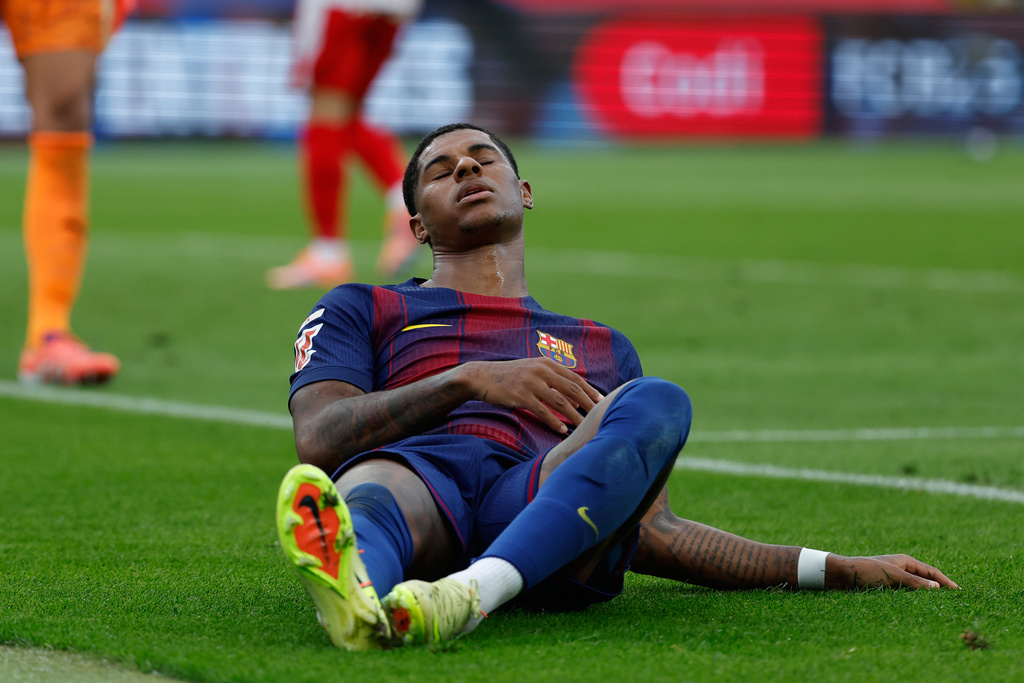 Barcelona's Marcus Rashford reacts during a La Liga soccer match between Barcelona and Girona in Barcelona, Spain, Saturday, Oct. 18, 2025. AP Photo/Joan Monfort)