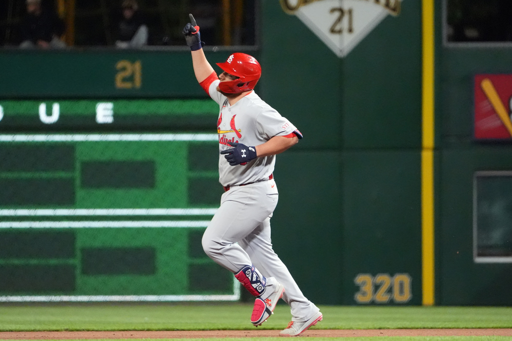 St. Louis Cardinals' Pedro Pagés celebrates as he rounds the bases on his home run off of Pittsburgh Pirates pitcher Dennis Santana in the ninth inning of a baseball game, in Pittsburgh, Monday, April 27, 2026. (AP Photo/Tom E. Puskar)