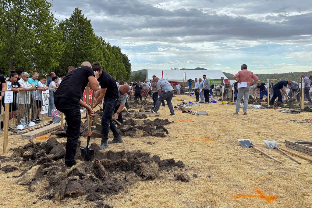 In this photo provided by Lili Szandelszky, gravediggers compete in a contest, aimed at shaking off death-related taboos, in the public cemetery of Nyergesújfalu, Hungary, Saturday, Sept. 5, 2026. (Lili Szandelszky via AP)