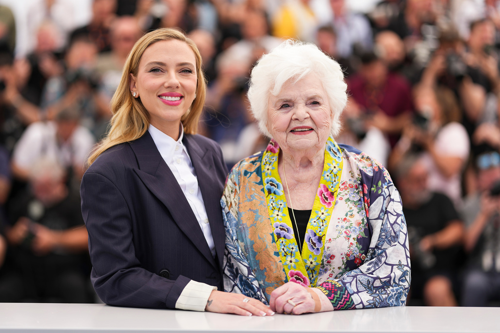 FILE - Scarlett Johansson, left, and June Squibb appear at the photo call for the film "Eleanor the Great" at the 78th international film festival, in Cannes, France on May 21, 2025. (Photo by Scott A Garfitt/Invision/AP, File)