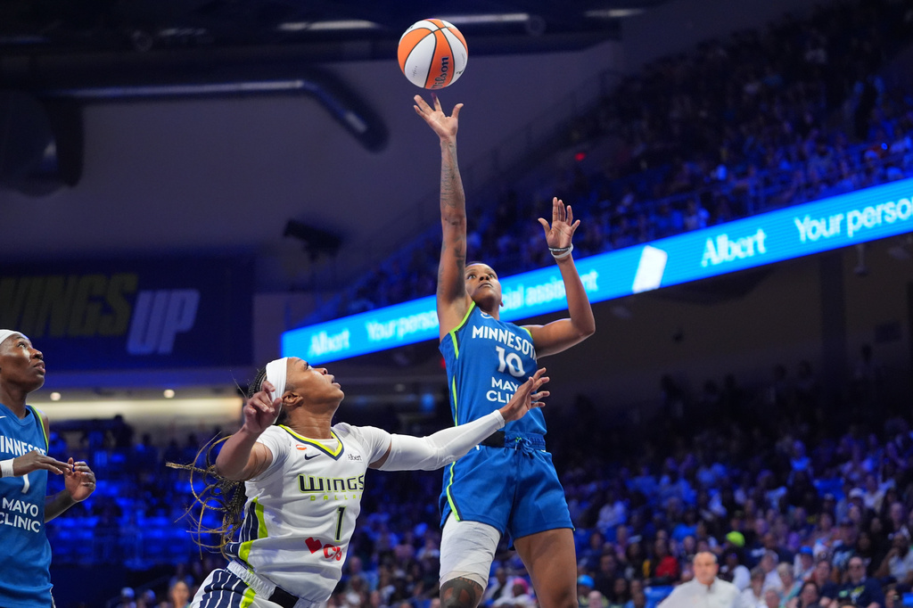 Minnesota Lynx guard Courtney Williams (10) shoots against Minnesota Lynx forward Natasha Howard (1) during the second half of a WNBA basketball game in Arlington, Texas, Thursday, May 14, 2026. (AP Photo/LM Otero)