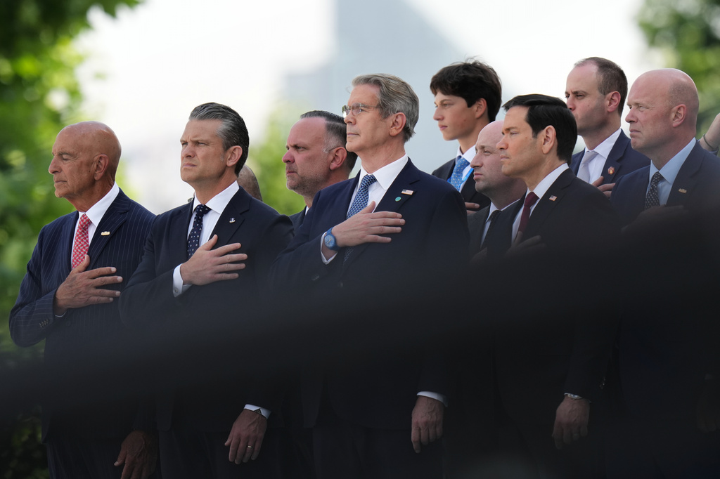 Front row from left, U.S. Ambassador to Turkey Tom Barrack, U.S. Defense Secretary Pete Hegseth, U.S. Treasury Secretary Scott Bessent, U.S. Secretary of State Marco Rubio and U.S. Ambassador to NATO Matthew G. Whitaker attend the formal welcome for President Donald Trump at the NATO summit at the Bestepe Presidential Palace in Ankara, Turkey, Tuesday, July 7, 2026. (AP Photo/Francisco Seco)