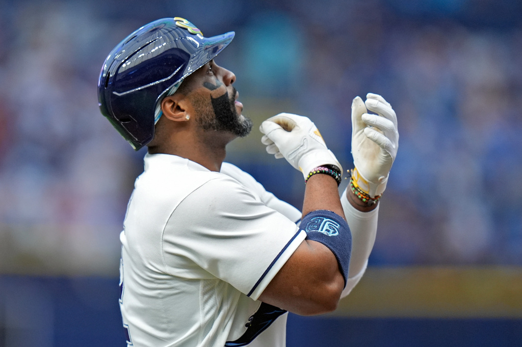 Tampa Bay Rays' Yandy Díaz celebrates his solo home run off Los Angeles Angels pitcher Walbert Ureña during the first inning of a baseball game Friday, May 29, 2026, in St. Petersburg, Fla. (AP Photo/Chris O'Meara)