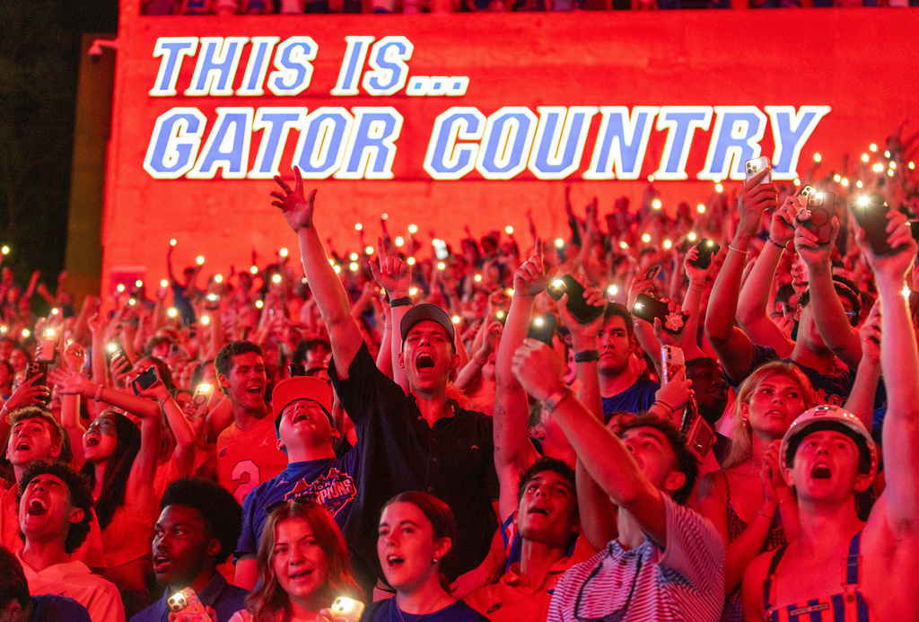 FILE - Florida fans sing Tom Petty's "I Won't Back Down" in the fourth quarter of an NCAA college football game against LIU Brooklyn, Saturday, Aug. 30, 2025, in Gainesville, Fla. (AP Photo/Alan Youngblood, File)