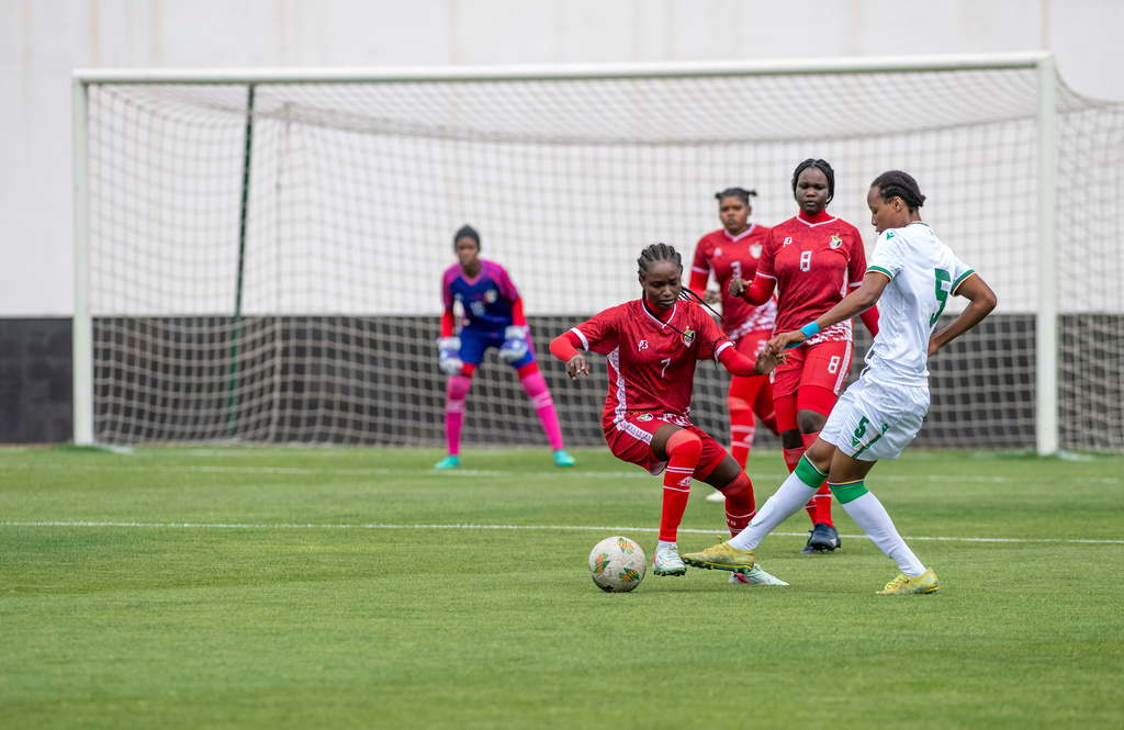 Sudan's U-17 women's national team, in red, plays a soccer match against Comoros, during qualifiers for the 2028 Los Angeles Summer Olympics, in Casablanca, Morocco, Monday, June 8, 2026. (AP Photo)