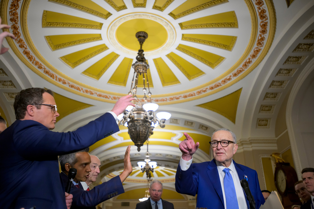 Senate Minority Leader Chuck Schumer, D-N.Y., speaks during the Senate Democrat policy luncheon news conference at the Capitol, Tuesday, Feb., 10, 2026, in Washington. (AP Photo/Rod Lamkey, Jr.)