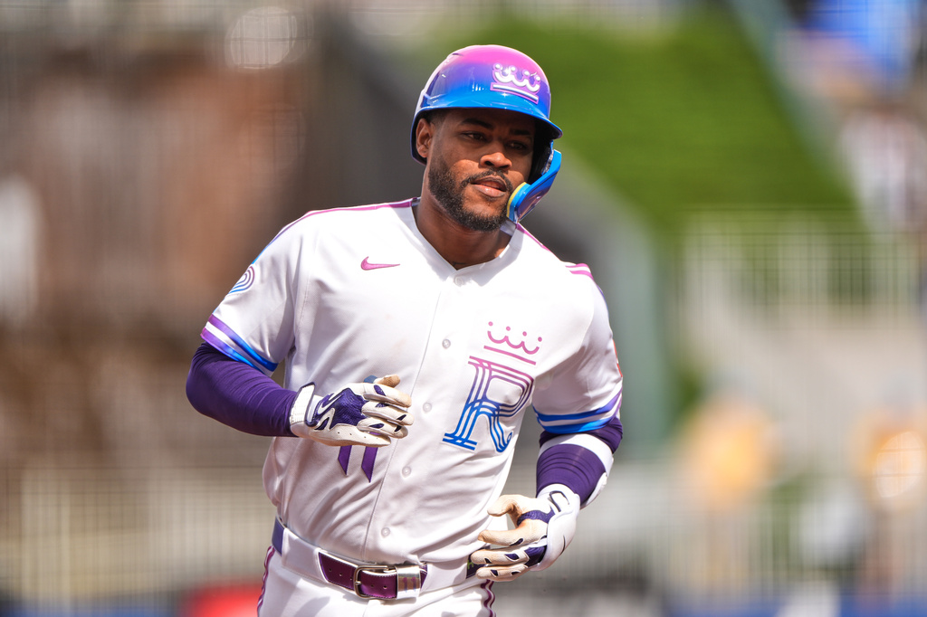 Kansas City Royals' Maikel Garcia runs the bases after hitting a solo home run during the first inning of a baseball game against the Chicago White Sox, Saturday, April 11, 2026, in Kansas City, Mo. (AP Photo/Charlie Riedel)