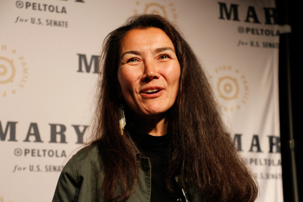 Mary Peltola, a Democrat running for the U.S. Senate seat in Alaska, addresses supporters at an election watch party Tuesday, Aug. 18, 2026, in Anchorage, Alaska. (AP Photo/Mark Thiessen)