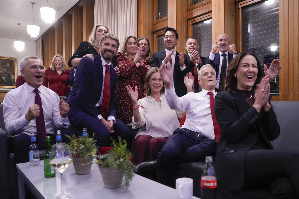 The Labour Party's election vigil at the People's House during the 2025 general election in Oslo, Norway, Monday, Sept. 8, 2025. (Javad Parsa/NTB Scanpix via AP)
