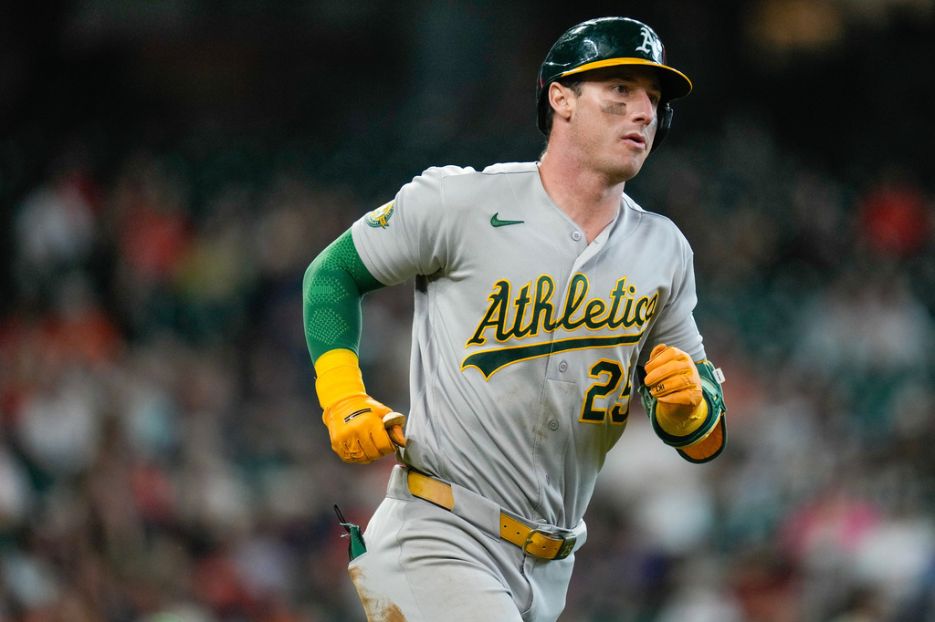 Athletics designated hitter Brent Rooker rounds the bases after hitting a solo home run against the Houston Astros during the fifth inning of a baseball game, Sunday, June 7, 2026, in Houston. (AP Photo/Eric Christian Smith)