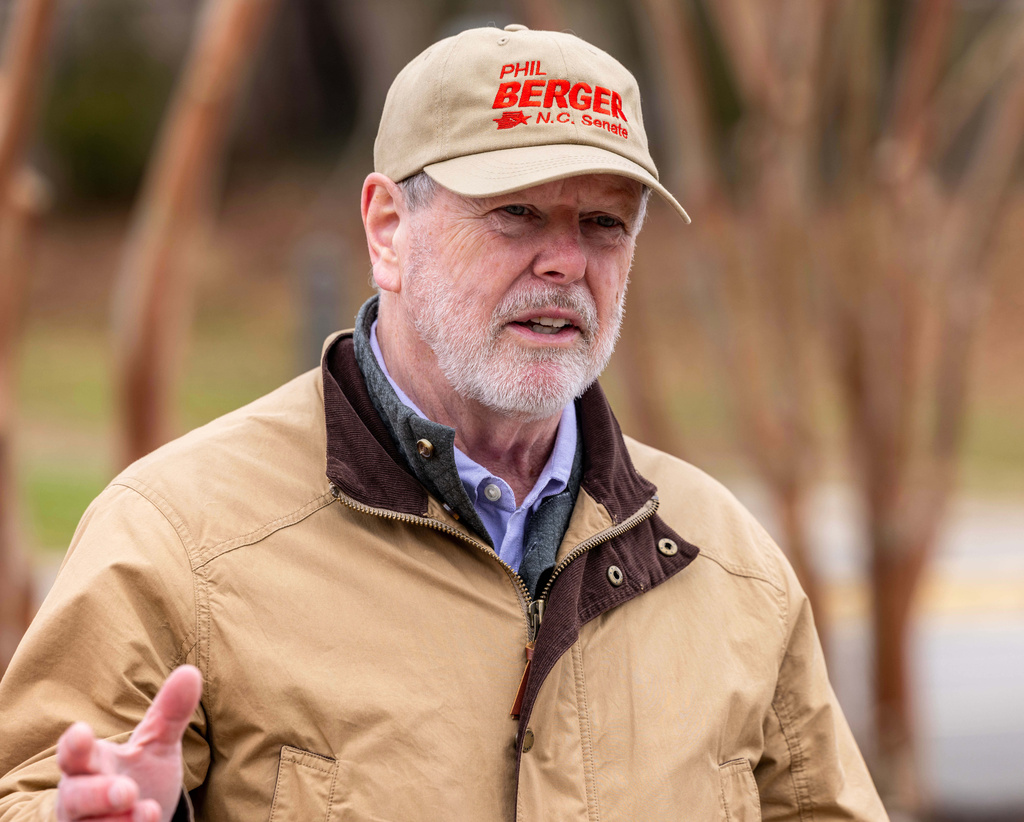 Phil Berger, candidate for North Carolina State Senate, campaigns at Douglass Elementary in Eden, N.C., on Tuesday, March 3, 2026. (Woody Marshall/News & Record via AP)