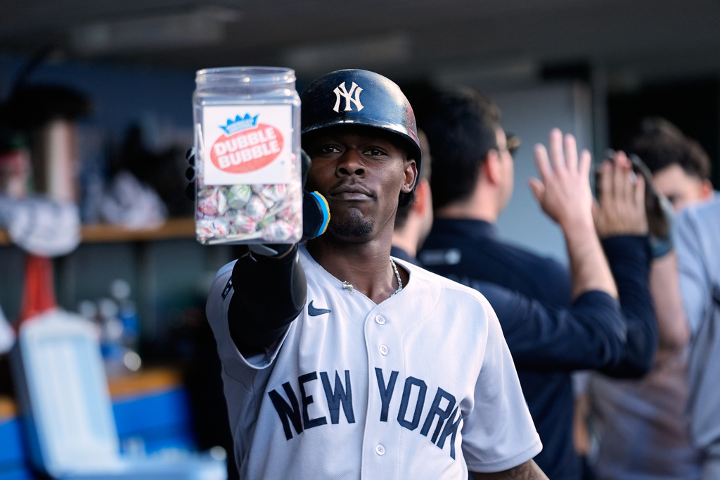 New York Yankees' Jazz Chisholm Jr. celebrates his two-run home run against the Detroit Tigers during the sixth inning of a baseball game Tuesday, June 23, 2026, in Detroit. (AP Photo/Paul Sancya)