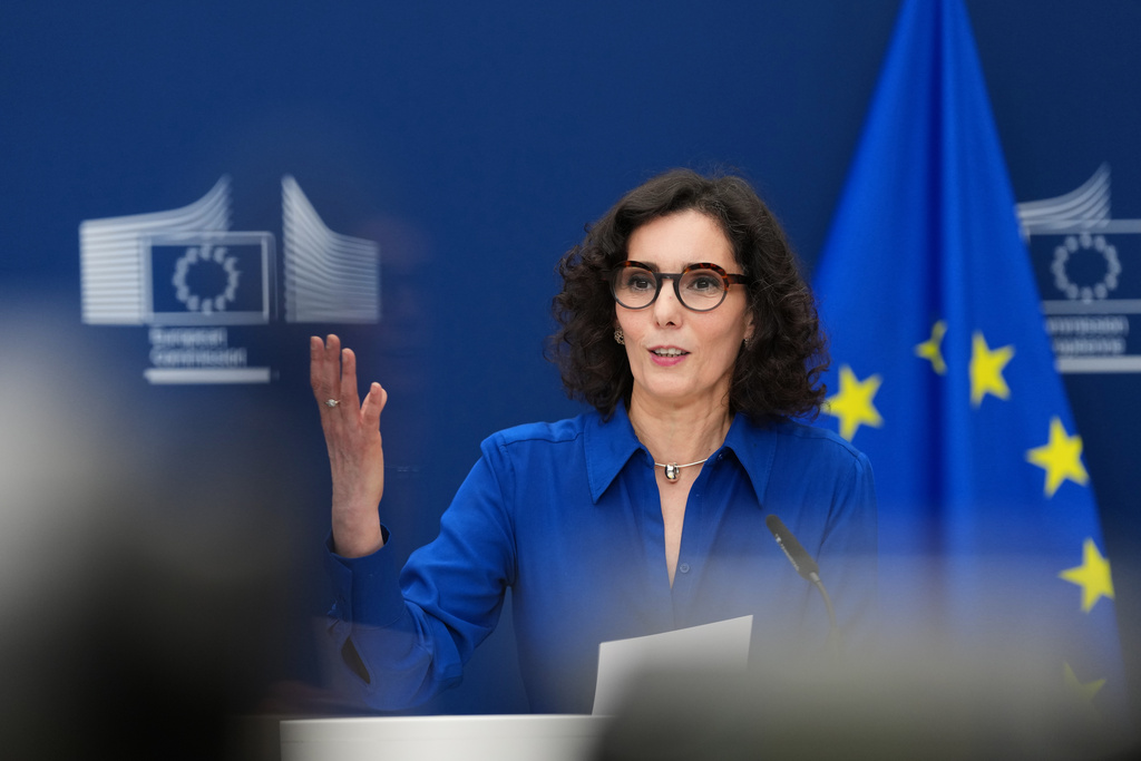 European Commissioner for Preparedness and Crisis Hadja Lahbib addresses the media on the Commission's response to the European Citizens' Initiative 'My Voice, My Choice' at EU headquarters in Brussels, Thursday, Feb. 26, 2026. (AP Photo/Virginia Mayo)
