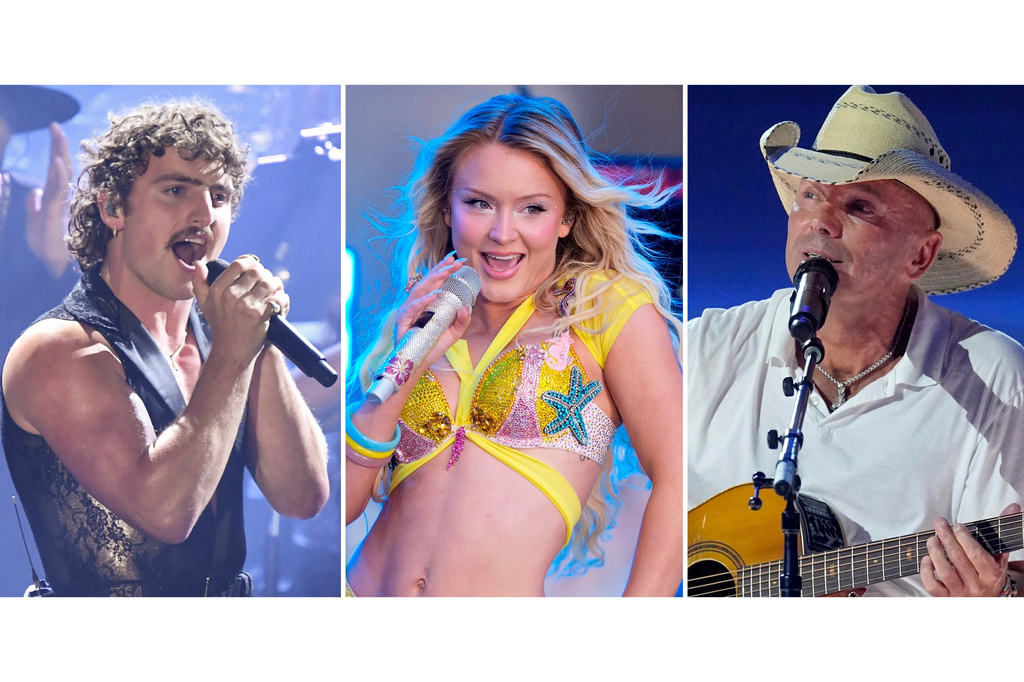 This combination of images shows, from left, Benson Boone, Zara Larsson, and Kenny Chesney. (AP Photo)