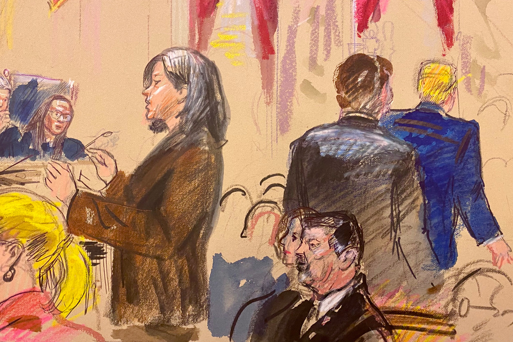 This courtroom sketch depicts Cecillia Wang, the American Civil Liberties Union legal director, standing center, making arguments before the U.S. Supreme Court, Wednesday, April 1, 2026, in Washington, as President Donald Trump departs shortly after Wang began her presentation in defense of broad birthright citizenship. (Dana Verkouteren via AP)