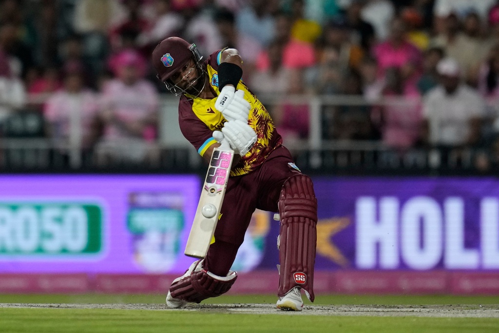 West Indies batsman Shai Hope plays a stroke shot during the T20 International cricket match between South Africa and West Indies, in Johannesburg, South Africa, Saturday, Jan. 31, 2026. (AP Photo/Themba Hadebe)