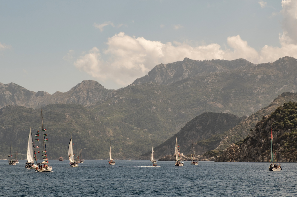 Boats belonging to the Global Sumud Flotilla, carrying activists and humanitarian aid, depart for Gaza from the port of Marmaris, Turkey, Thursday, May 14, 2026, in an attempt to break the Israeli naval blockade. (AP Photo/Murat Kocabas)