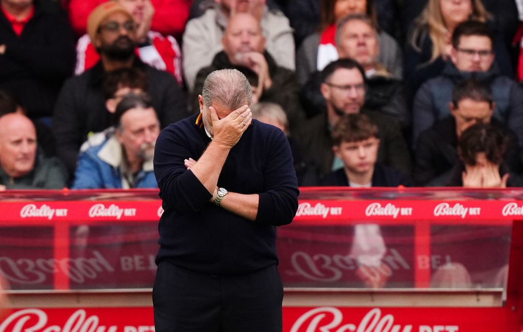 Nottingham Forest head coach Ange Postecoglou reacts during the English Premier League soccer match between Nottingham Forest and Chelsea, in Nottingham, England, Saturday, Oct. 18, 2025. (Mike Egerton/PA via AP)