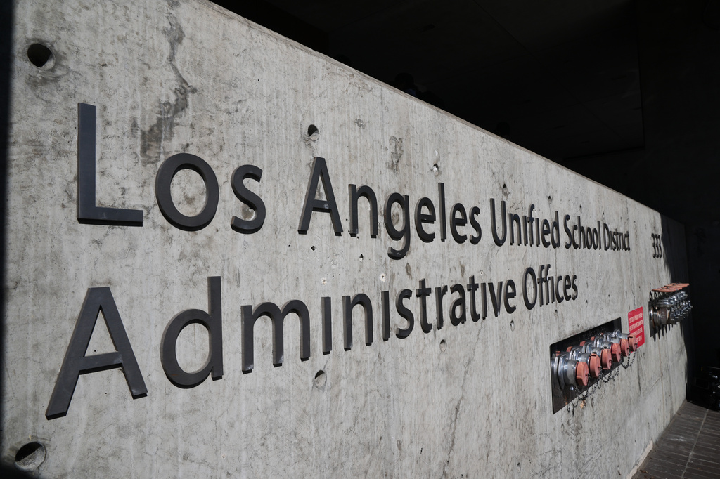 FILE -The exterior of LAUSD headquarters is shown Feb. 25, 2026, in Los Angeles. (AP Photo/Damian Dovarganes, File)