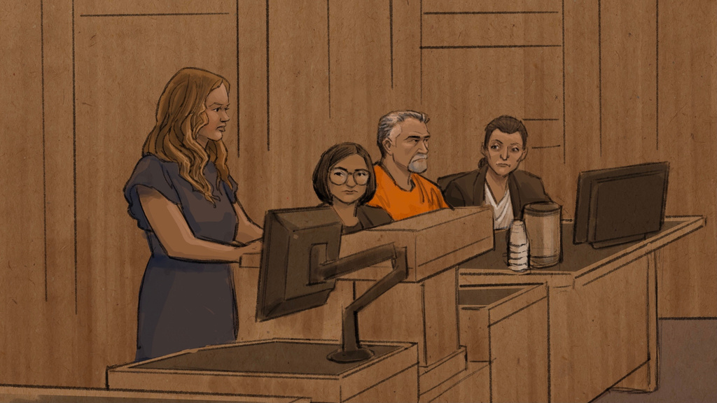 In this courtroom sketch, Hope Hoffman, daughter of Minnesota state Sen. John and Yvette Hoffman, speaks at a sentencing hearing for Vance Boelter, seated second from right, Thursday, July 23, 2026, in Minneapolis. (Cedric Hohnstadt via AP)