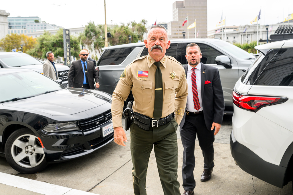 Riverside County Sheriff Chad Bianco arrives at the Supreme Court of California for a hearing about his seizure and recount of more than half a million 2025 election ballots on Monday, Aug. 24, 2026, in San Francisco. (AP Photo/Noah Berger)